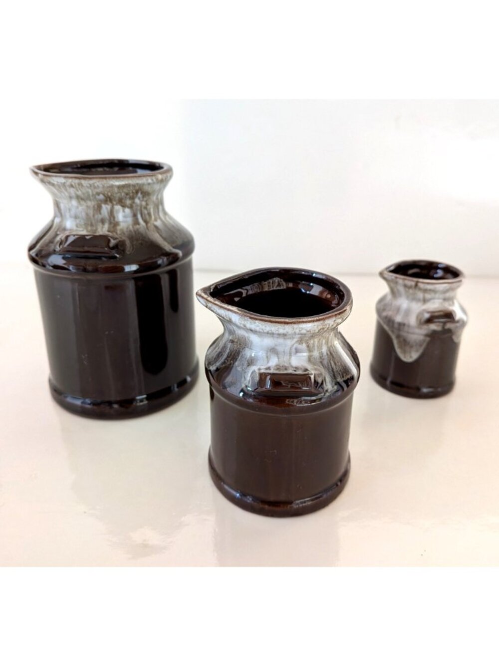 Vintage Studio Pottery Brown Drip Glaze Milk Jug Measuring Cup Set Of 3 Farmhous